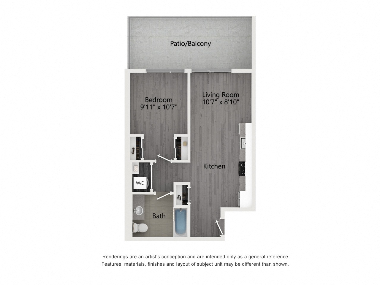 Floor plan for 1 bed, 1 bath, 562 sqft